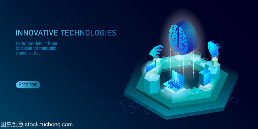 等距人工智能業務概念。藍色發光等距個人信息數據連接 pc 智能手機人腦未來技術。3d 圖表矢量圖